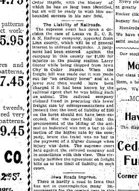 Article from the Cedar Rapids Republican (12/27/1900), p.5, announcing the results of the Supreme Court of Iowa case involving Larry Ginter