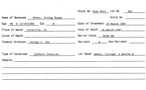 Documentation for Irving B. Weber burial plot.