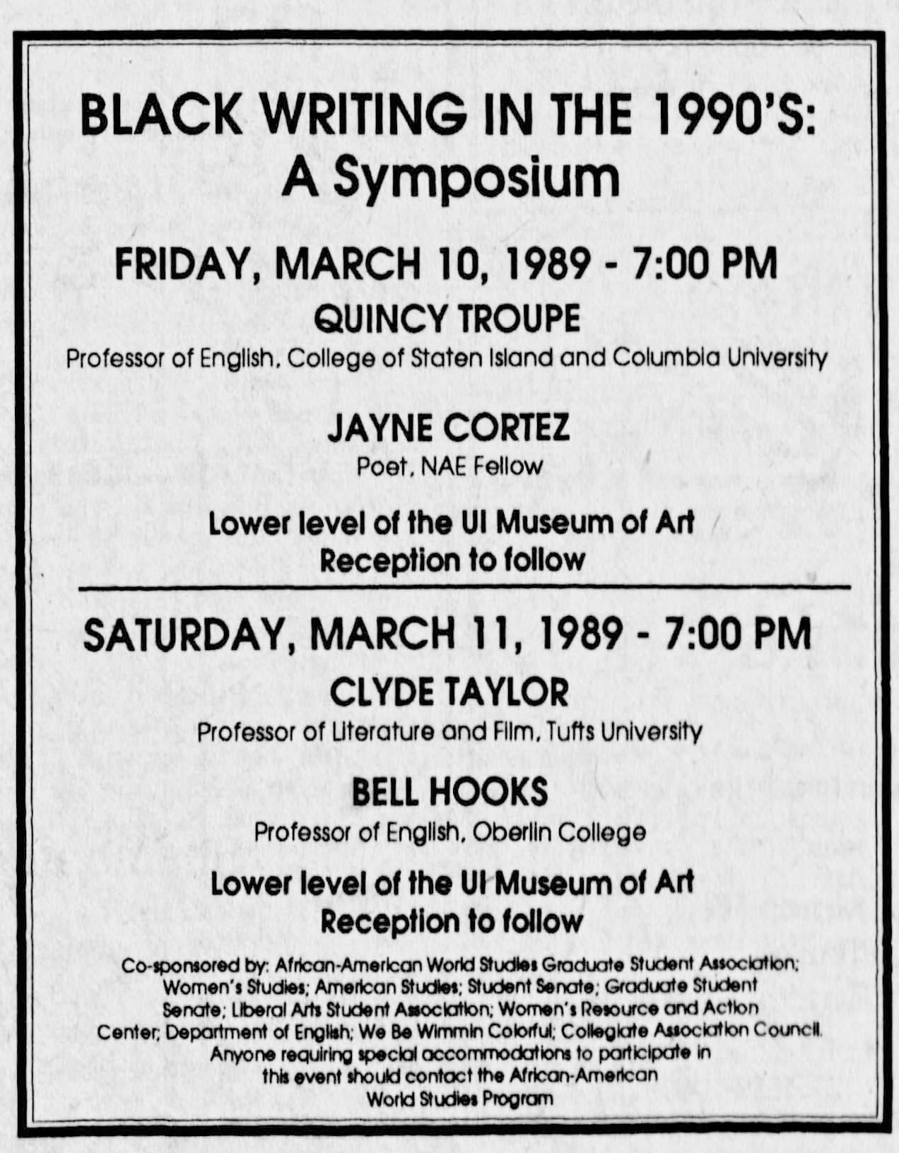 bell hooks participated in a University of Iowa symposium on Black writing in 1989