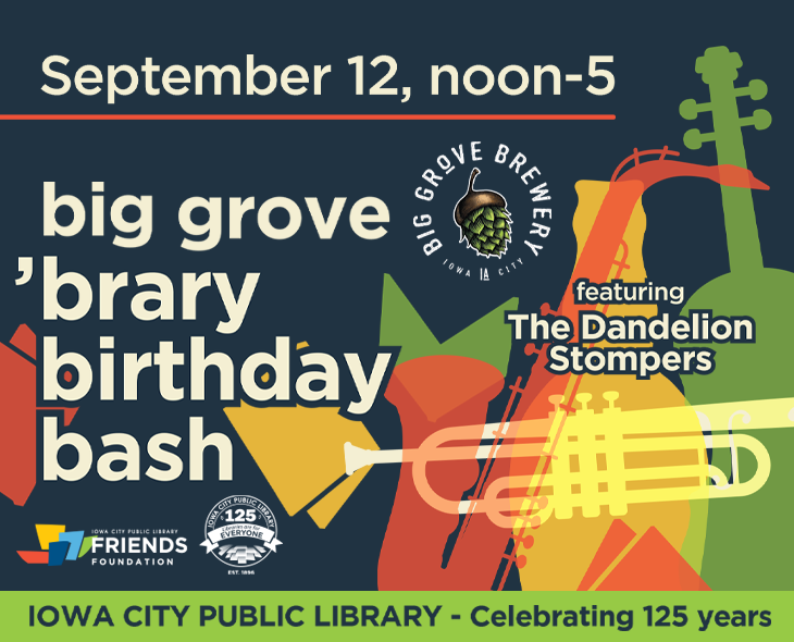 jazzy musical instruments behind white text reading, "Big Grove 'brary Birthday Bash"