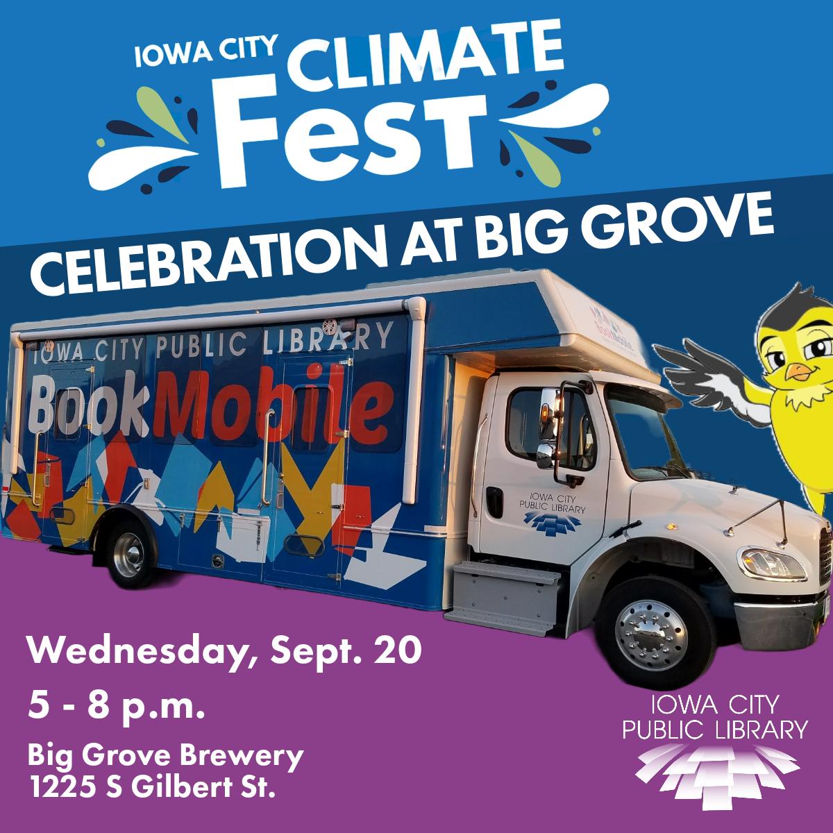 Iowa City Climate Fest. Celebration at Big Grove. Wednesday, Sept. 20. 5 to 8 p.m. Big Grove Brewery. 1225 S Gilbert St. Iowa City Public Library.