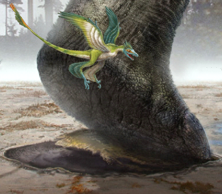 Microraptor fying by titanosaur footprint