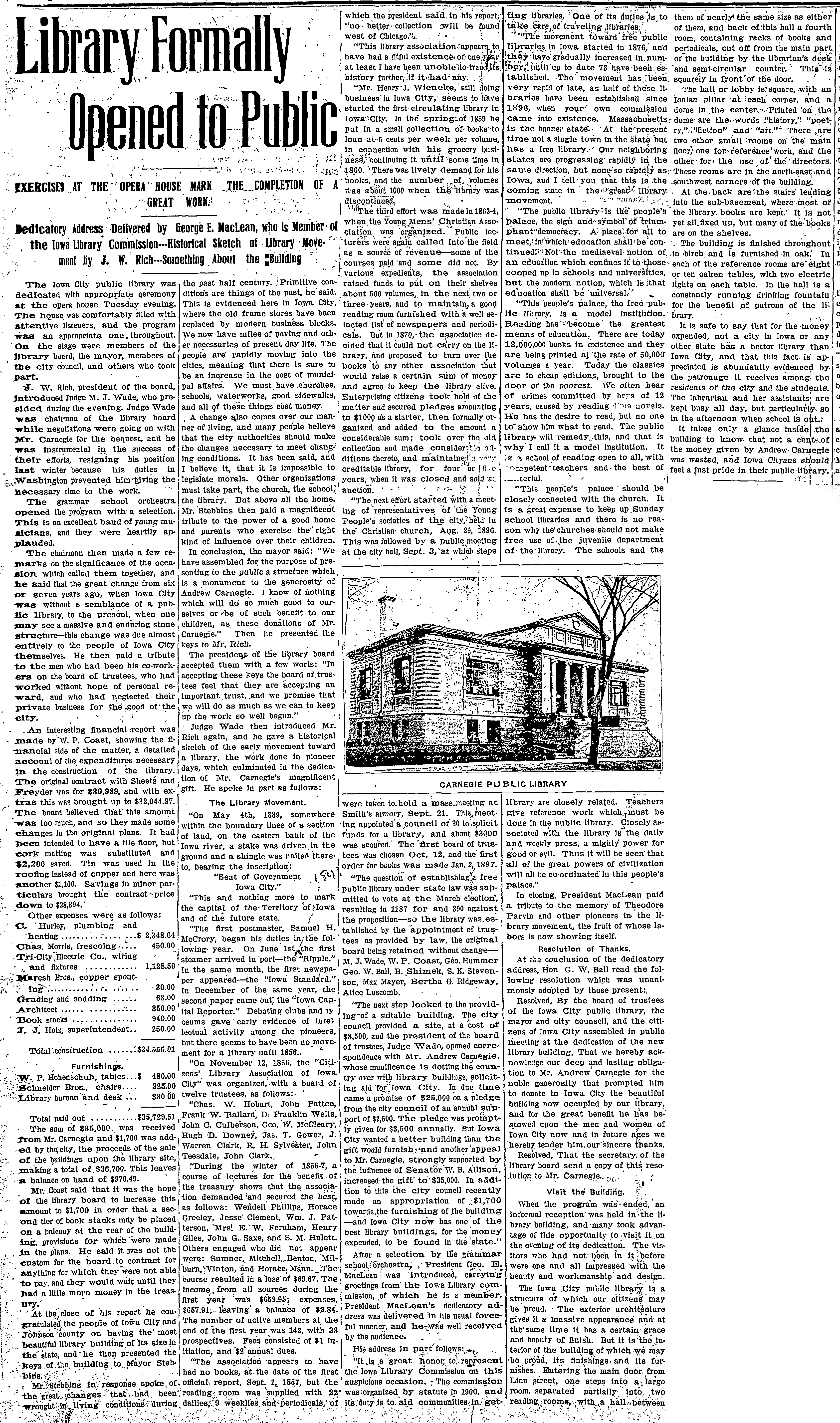 Newspaper article describing the Carnegie library dedication and the features of the new building