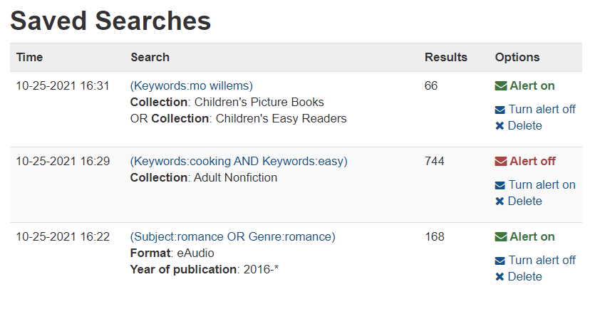 screenshot of saved searches with alerts turned on