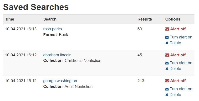 screenshot of saved search for rosa parks books, abraham lincoln children's non-fiction, and george washington adult non-fiction