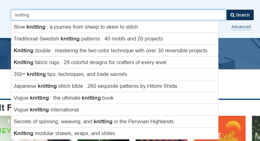 screenshot of a library catalog search for knitting
