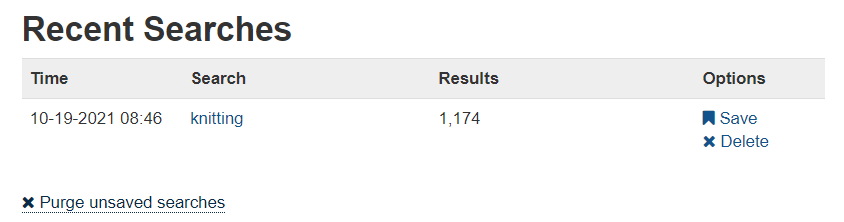 screenshot of a recent search for items with "knitting"