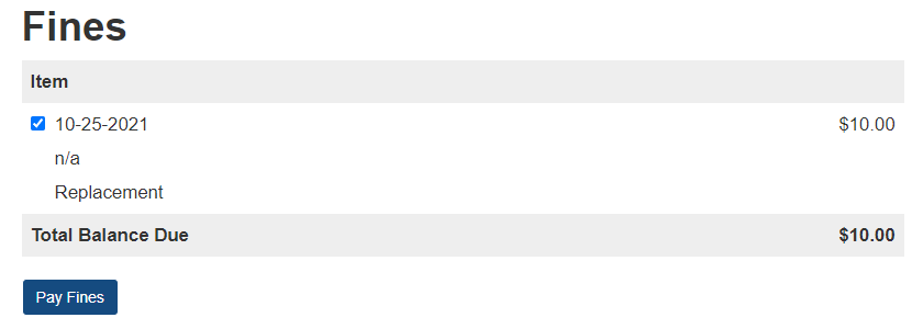 screenshot of fines page on my account