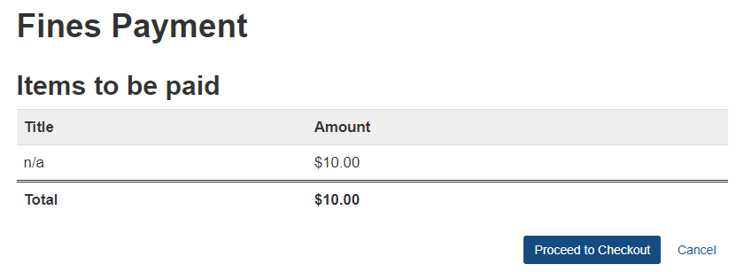 screenshot of fines page, items to be paid, under my account
