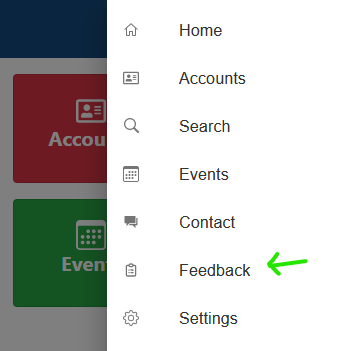 Screenshot of app's menu list with Feedback pointed to by an arrow
