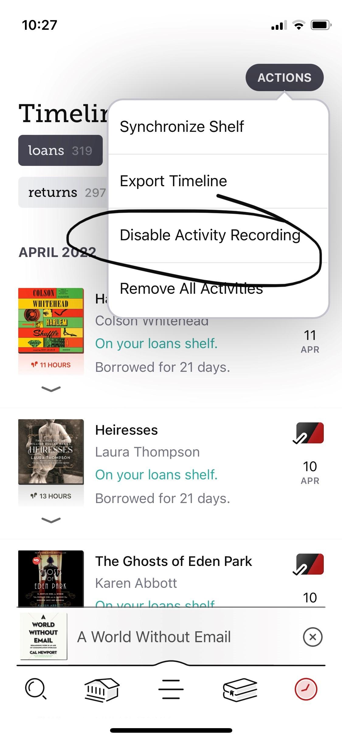 Click on Disable Recording Activity to opt out of the timeline in Libby.