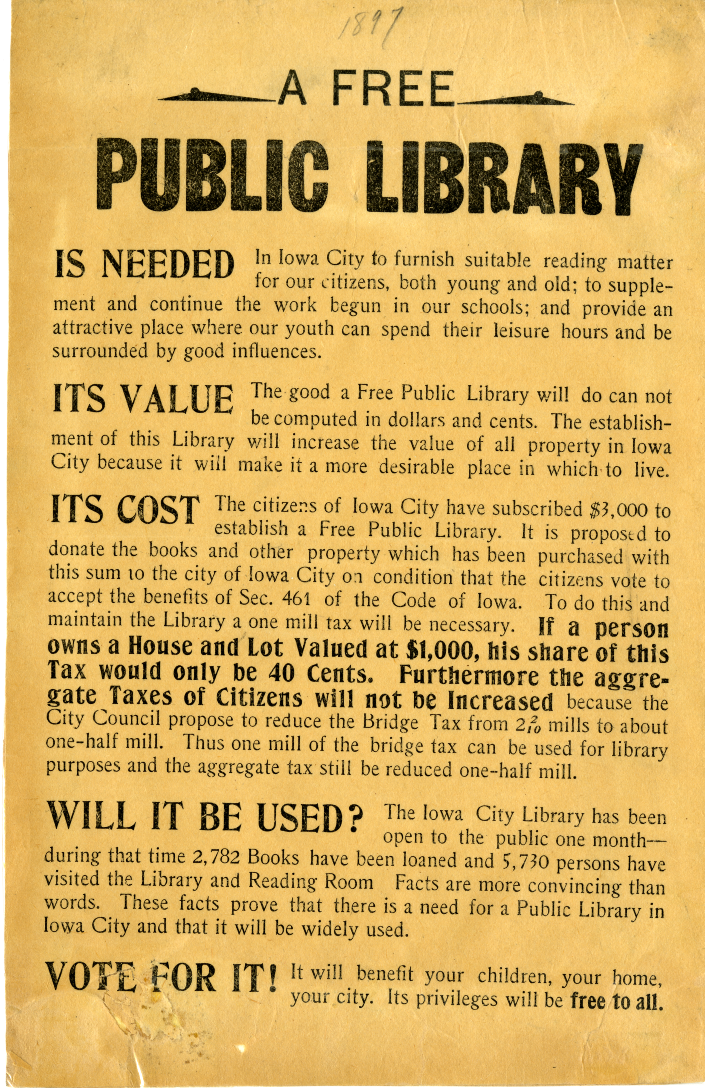 A free public library is needed; its value; its cost; will it be used?; vote for it!