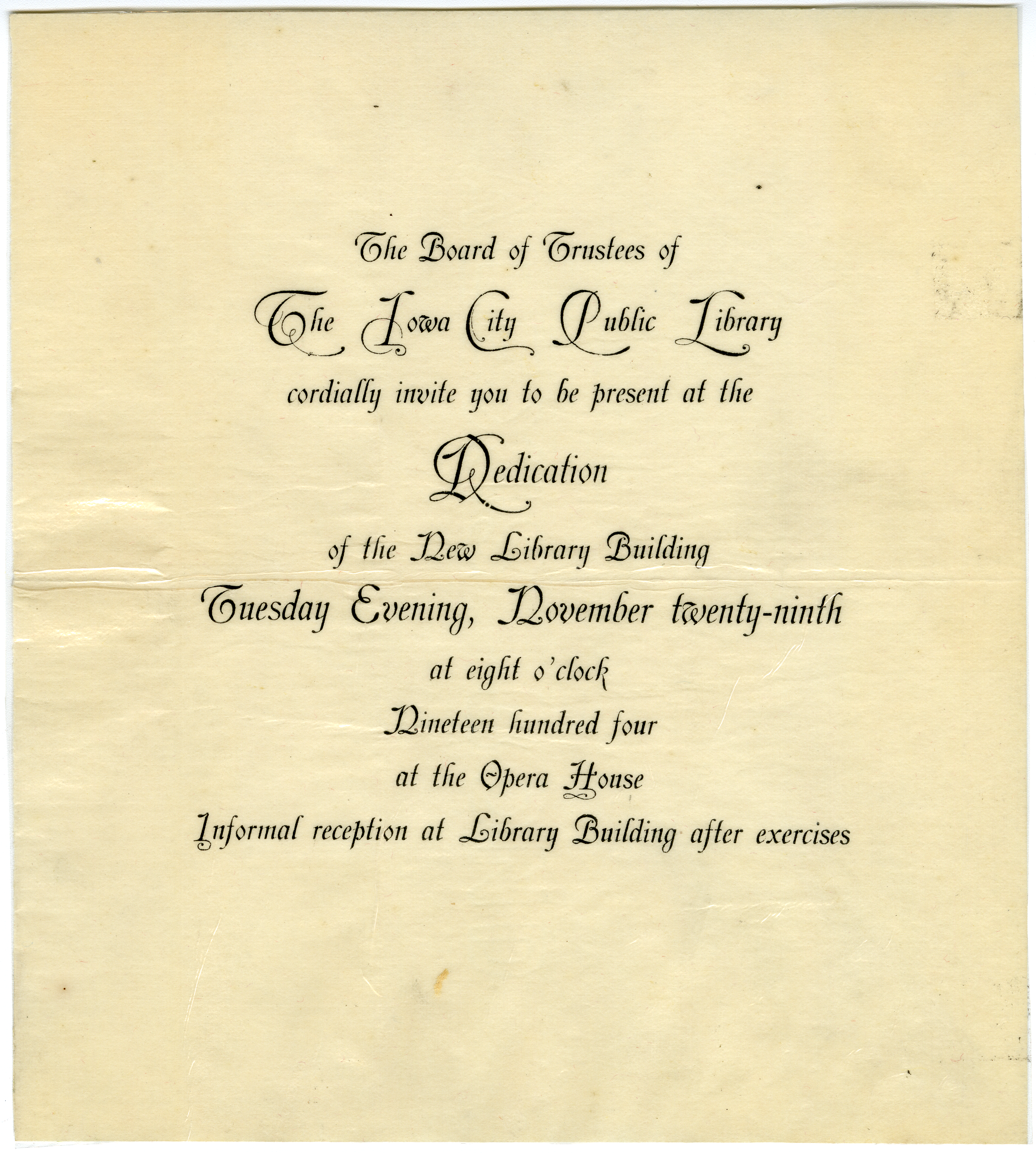 Invitation to the 1904 dedication of the Carnegie Library