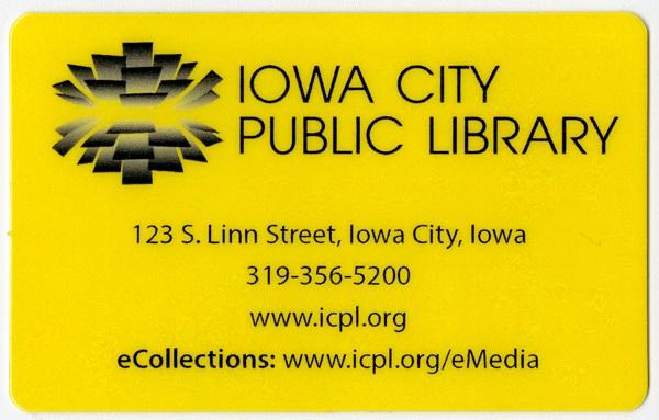 a yellow plastic square modern Iowa City Public Library card
