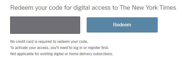 Redeem your code for digital access to The New York Times