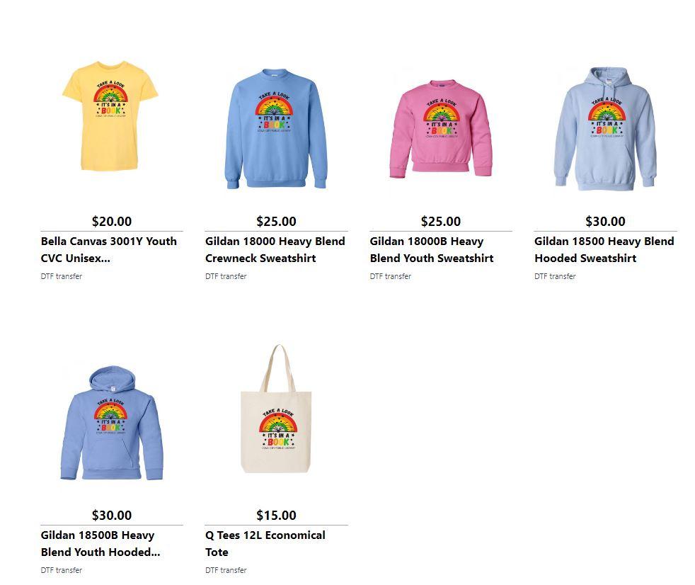 screen shot of the online store of "Take a look, it's in a book!" tees and sweatshirts in a variety of colors, and tote in cream