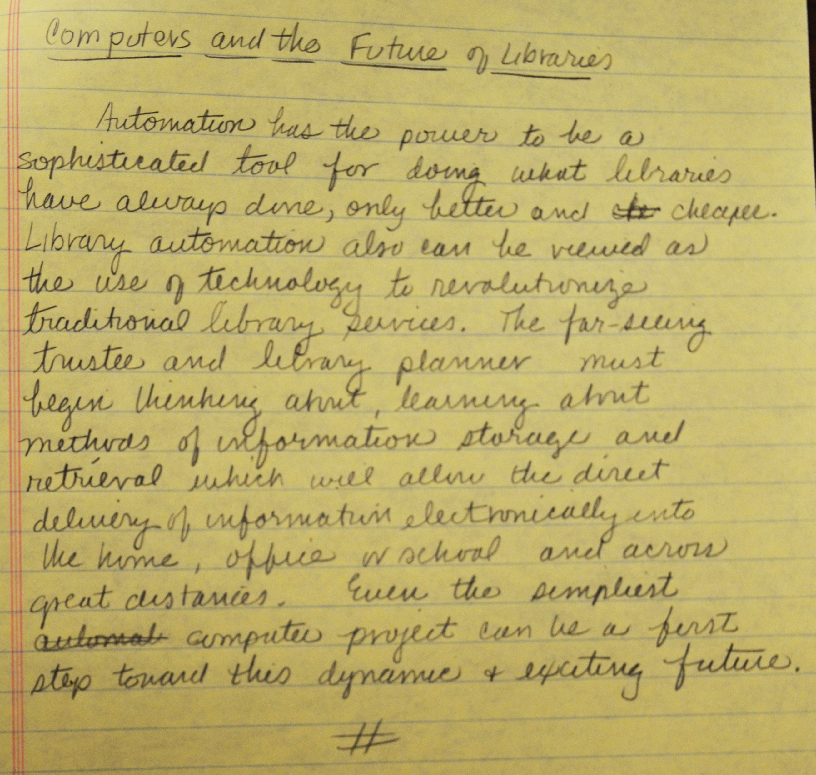 Handwritten note from Lolly - title "Computers and Future of Libraries"
