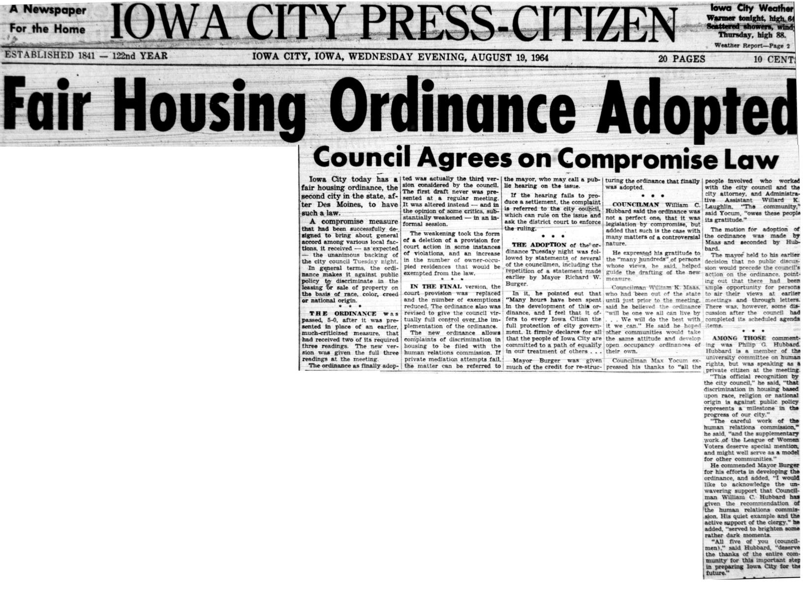 An article from the Iowa City Press Citizen announcing the passing of the ordinance