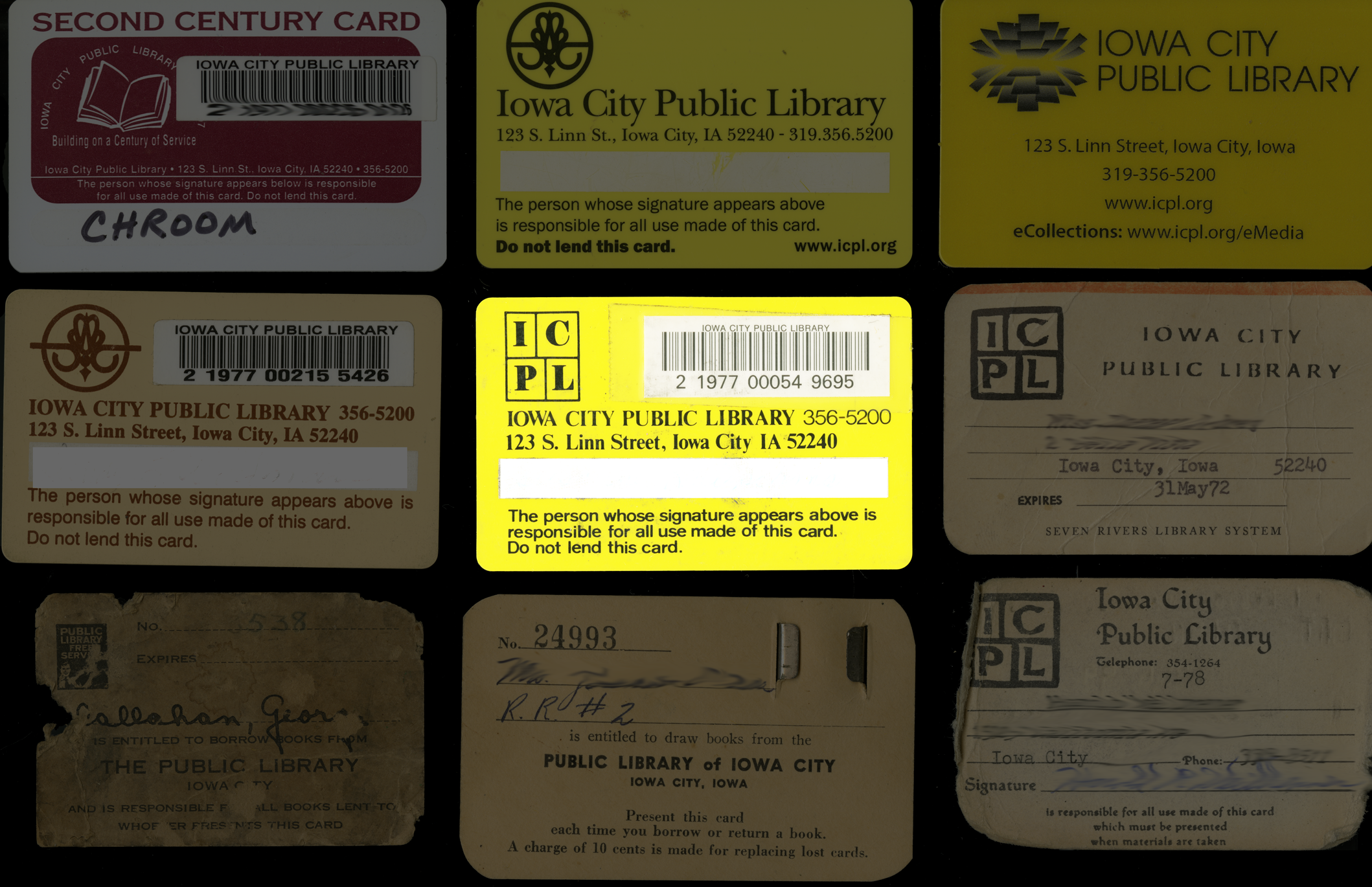 Nine library cards with one highlighted in the middle