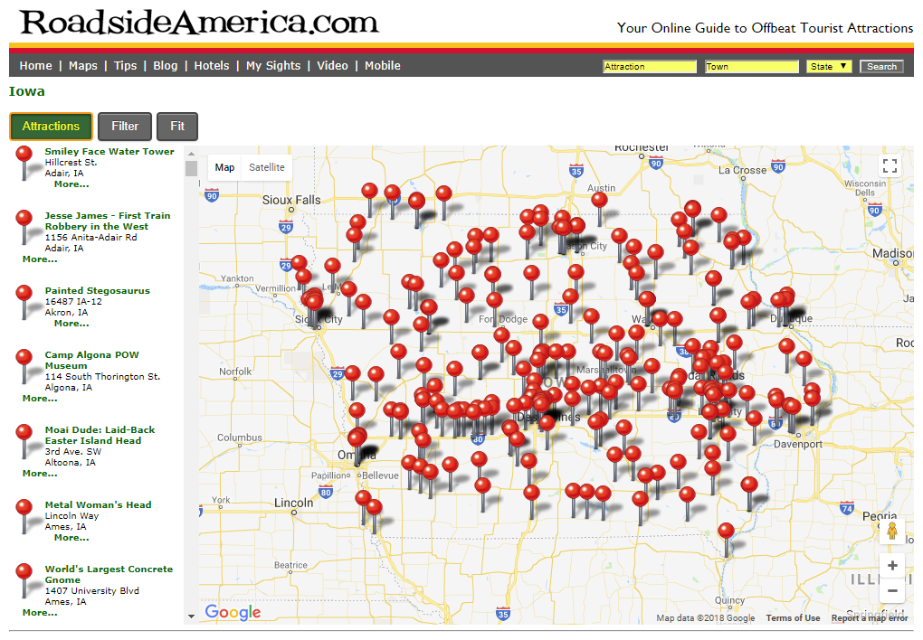 Map of Iowa with pins marking points of interest