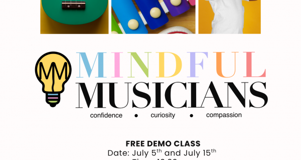 Flyer for Mindful Musicians, free demo classes at the Iowa City Public Library Storytime room at 10:30am on July 5th and July 15th