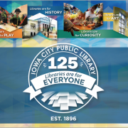 The library's 125th Anniversary logo, pictures of the building and patrons