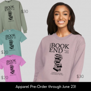 Book End Apparel Pre-Order through June 23! Model wearing light purple sweatshirt with The Book End Logo.