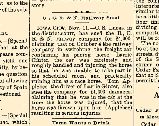 Article reporting that C.S. Lucas was suing the B, C. R. & N. Railway in the Waterloo Daily Reporter (11/11/1898), pg. 1